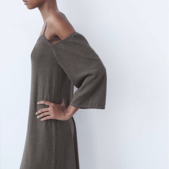 Zara taupe gray linen blend off-the-shoulder midi dress - size Large (L) - Picture 2 of 4